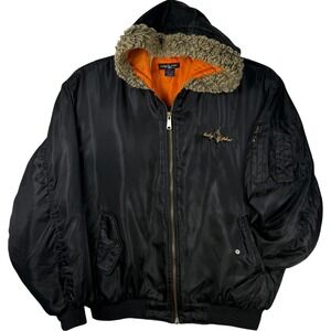 Baby Phat Black Bomber Jacket Fur Hood Orange Lined Zip Up 3XL Vintage‎ Y2K